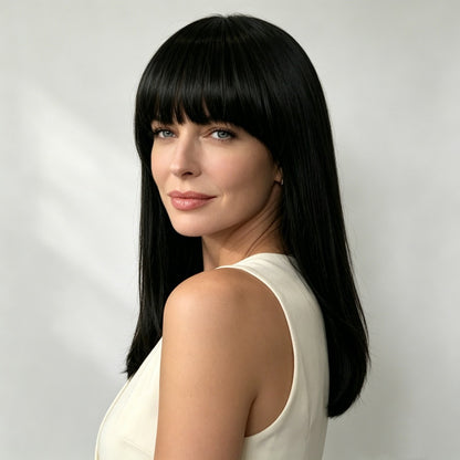Wholesale Women Black Short Straight Bob Wig with Blunt Bangs, Synthetic Full‑Head Fashion Wig