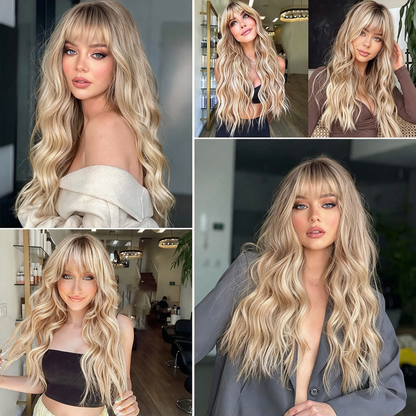 Wholesale European Big Wave Long Curly Wig with Straight Bangs, Heat Resistant Synthetic Full Head Wig for Women Daily Party Look