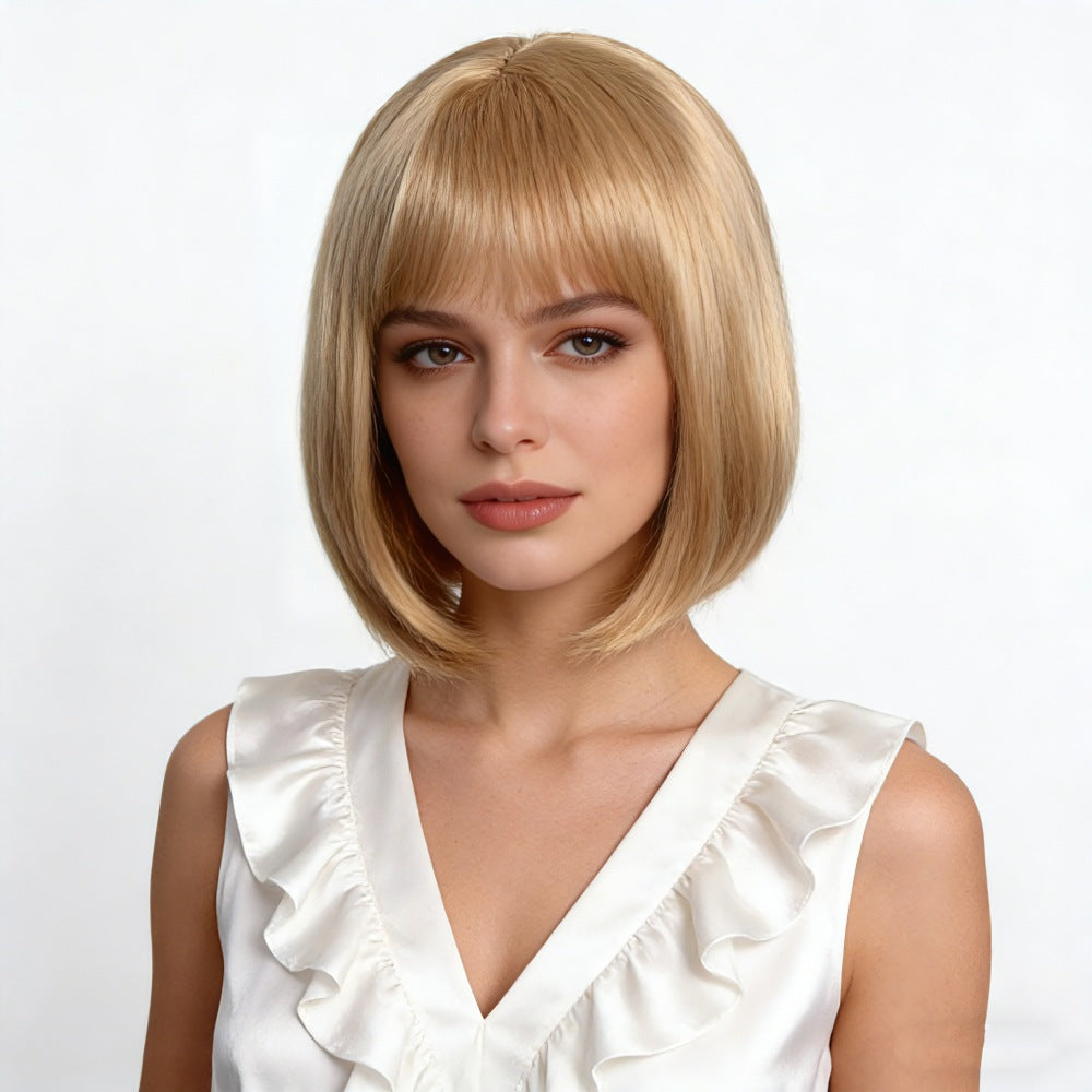 Wholesale Women Blonde Short Straight Bob Full‑Head Heat‑Resistant Synthetic Wig