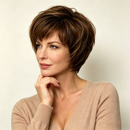 Wholesale women's light brown short straight bob synthetic full head wig