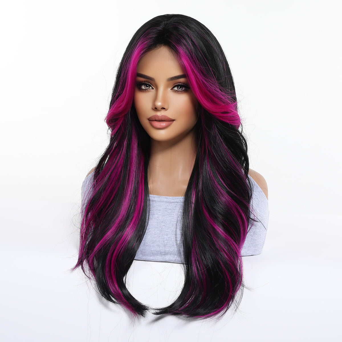 Wholesale Black & Purple Highlight Long Curly Full Wig for Women, Halloween Costume Cosplay Wig